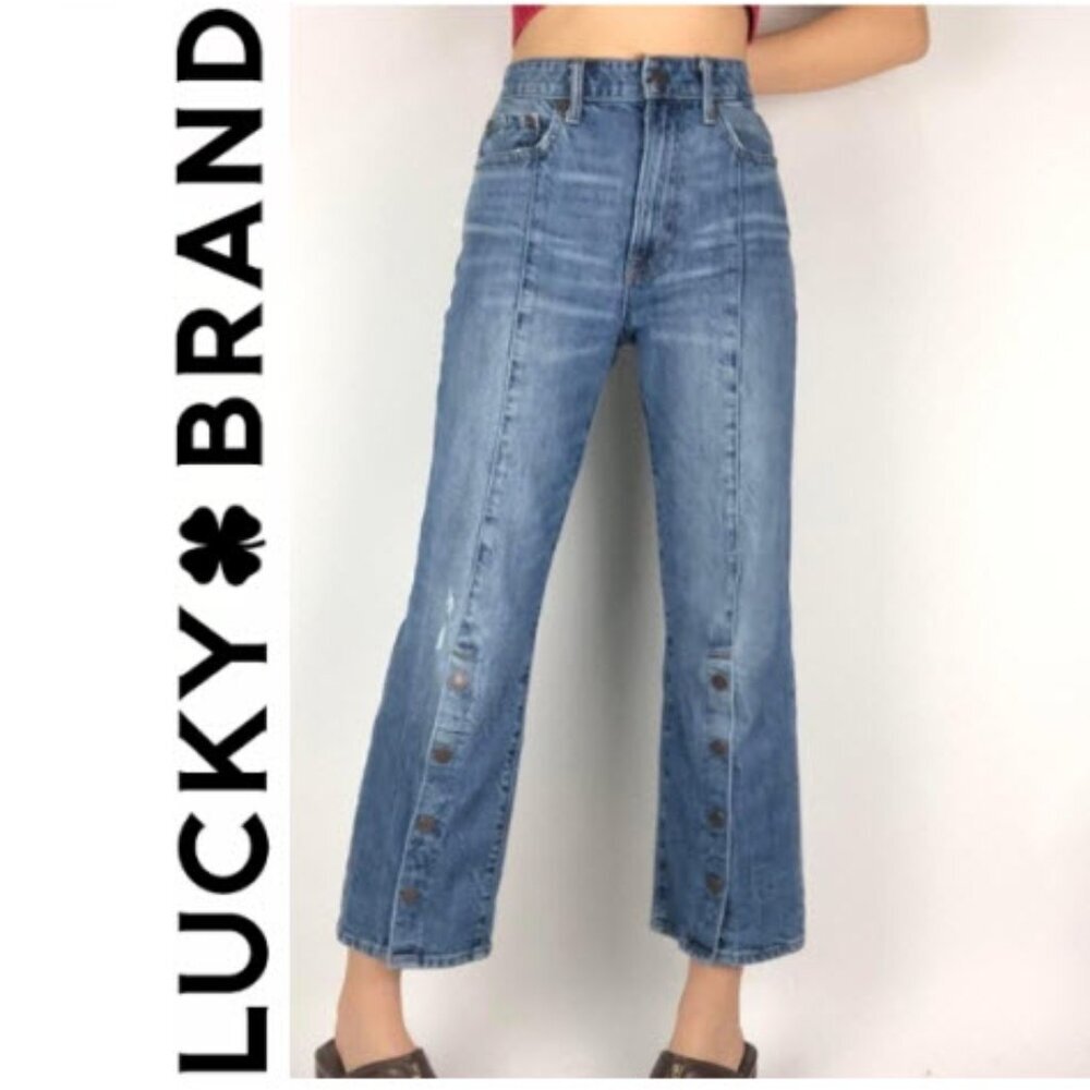 Lucky Brand Wide Leg Button Jeans Size 27 Blue Denim Ankle Distressed High-rise